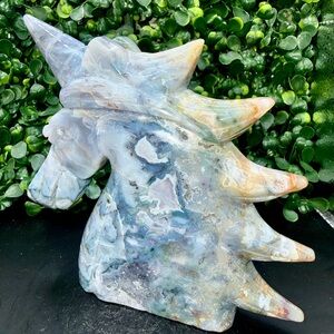 Ocean Jasper Unicorn Head Carving w Druzy Crystal 4.8” Madagascar